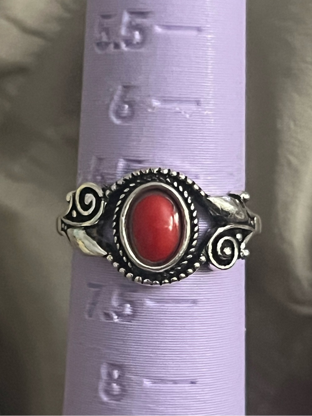 Handmade Vintage Silver Red Coral Style Oval Ring Size 7 Artisan Scroll Design